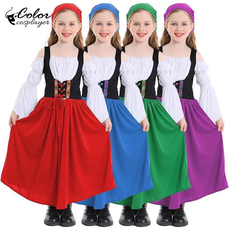 

Girl Oktoberfest Costume Maid Cosplay Long Dress Medieval Farms Dresses Child Drama Performances Outfit Girls 4 Colors Clothes