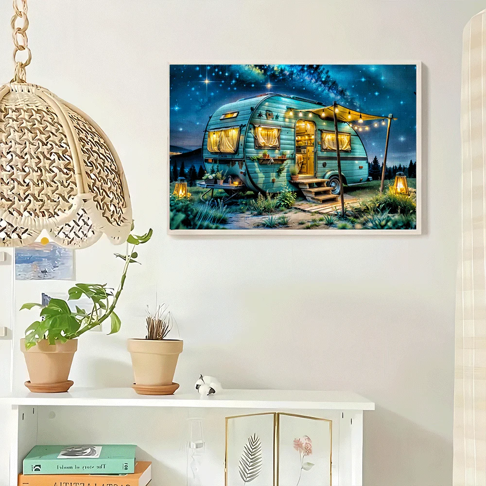 1000ピース ヴィンテージ キャンピングトレーラー ジグソーパズル - ティール色のトレーラーと星空が描かれた、大人と家族向けの大きな挑戦的なパズル