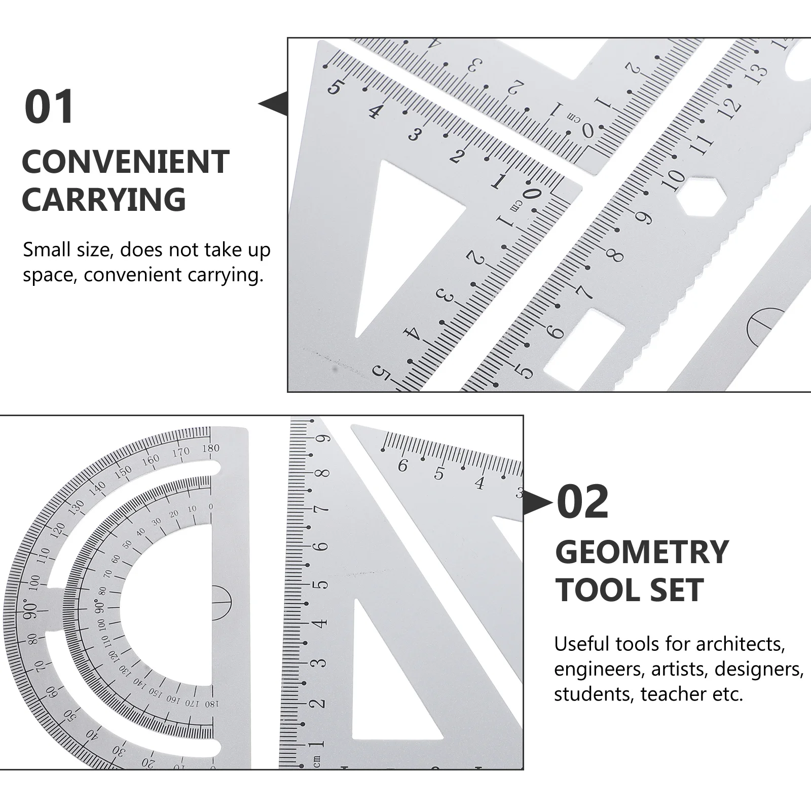 

1Set Metal Ruler Set Silver Compact Portable Students Stationery Architect Engineer Triangle Plate Protractor Ruler Protractor