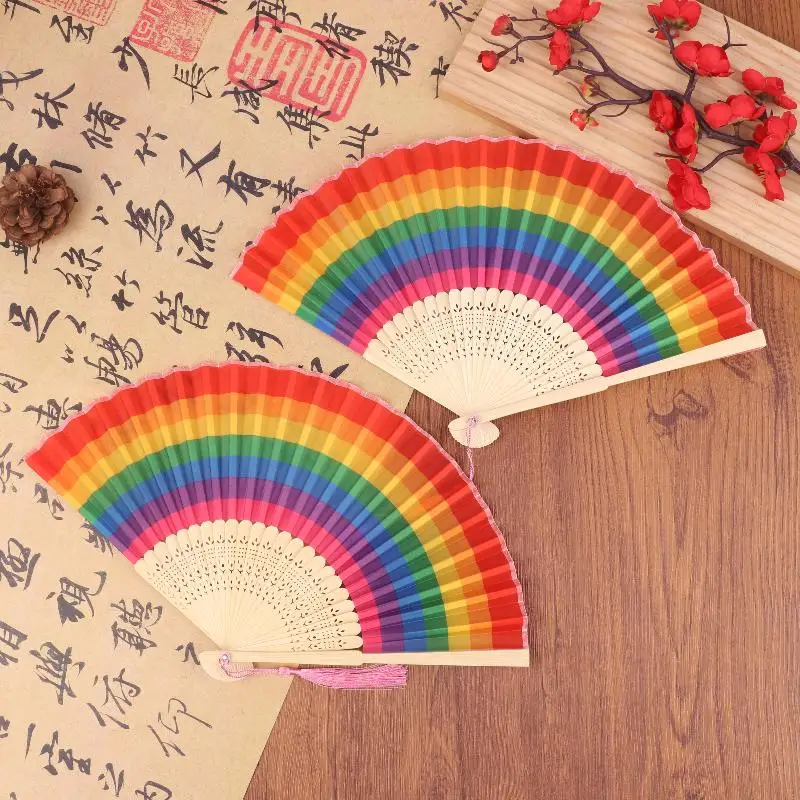 Lot de 2 grands éventails pliables espagnols portables arc-en-ciel pour la danse, l'art, les mariages, la décoration, les cadeaux, les festivals pour enfants