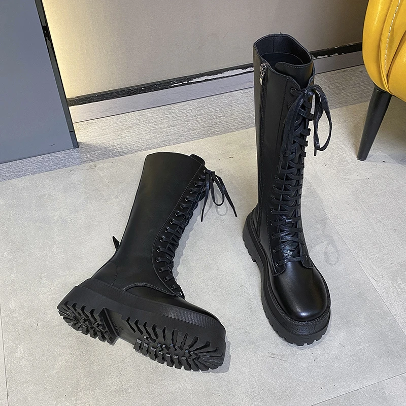 2024 New Thicken Winter Knight Boots Women Knee High Long Square Heel Boots Retro Thick Motorcycle Boots Black White Botas Mujer