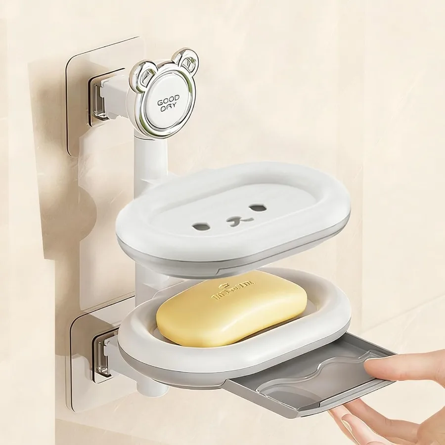 

Cute Soap Holder Dish Double-Layer Wall-Mounted NO-Drilling soap Rack with draining Rack Movable soap Rack Suitable for Bathroo