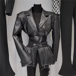 2023 Autumn Winter New Stylish Patchwork Knitted Slim PU Leather Jackets for Women Sexy Leather Coat Y4389