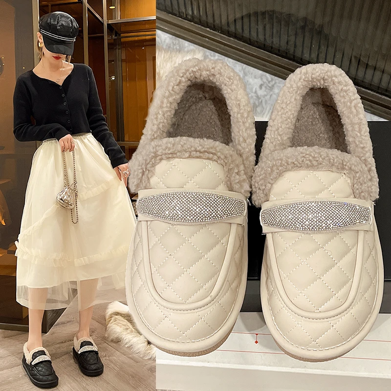 Cotton shoes women's winter fleece wear 2024 new thick-soled versatile one-foot rhinestone wool shoes 6105