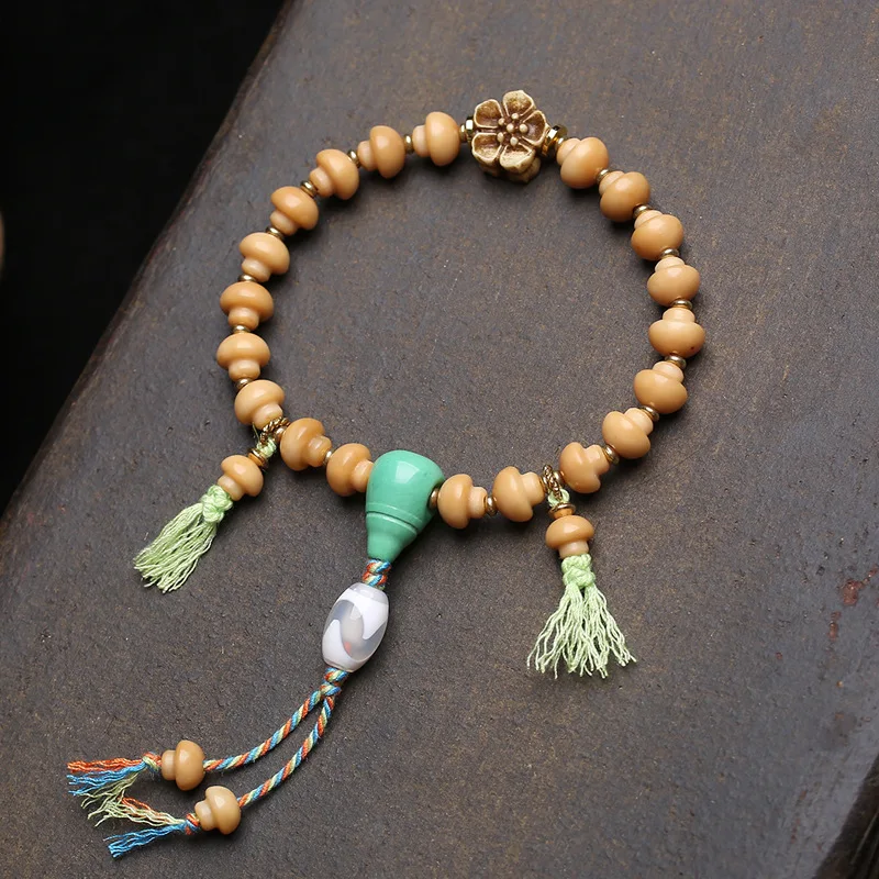 Ridge Bodhi Mushroom Bracelet With Red Agate, Glass, Purple Gold, Rat Tiger Tooth Beads, And Dzi Bead Accessorie