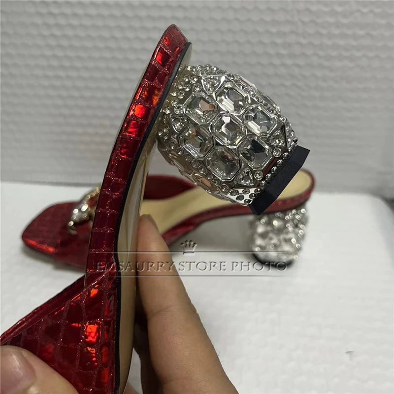 Unique Crystal Decor Chains Sandals Women Diamond Rhinestone Embellishment Strange Heel Luxury Leather Slingbacks Summer Mules