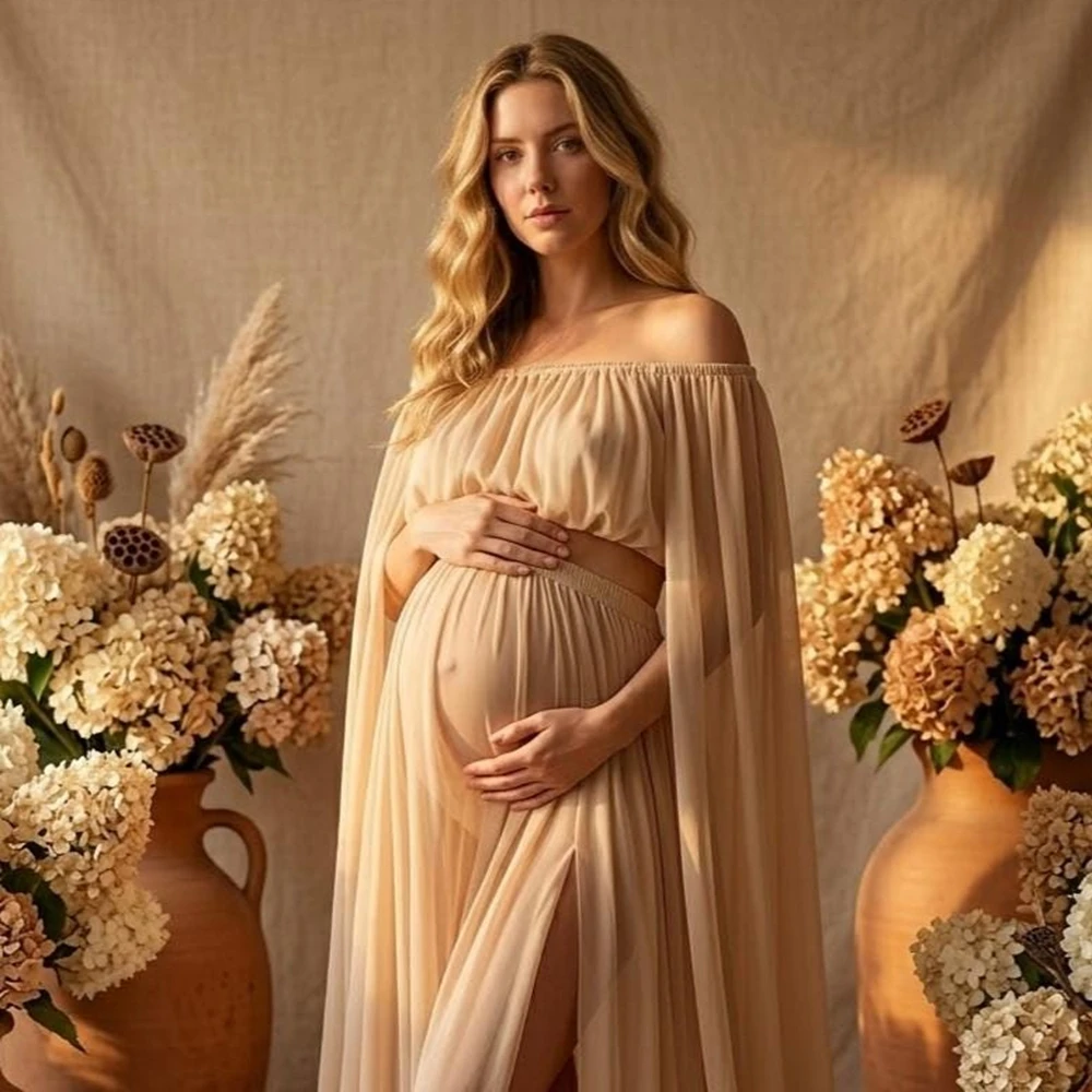 Off Shoulder Maternity Photography Gown Two Piece Set Chiffon Pregnant Women Maxi Dress For Photo Shoot Photo Studio Props - view 3