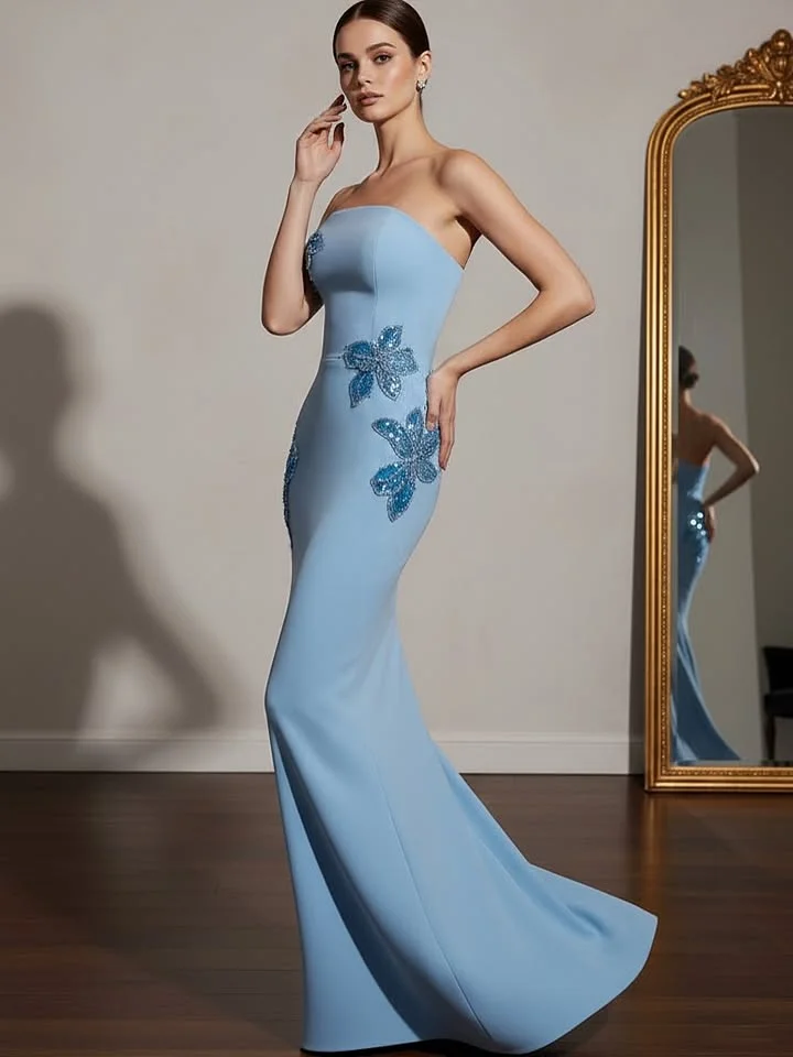 Robes de soirée luxueuses élégantes et arabes de Dubaï, robe de bal bleue sans bretelles