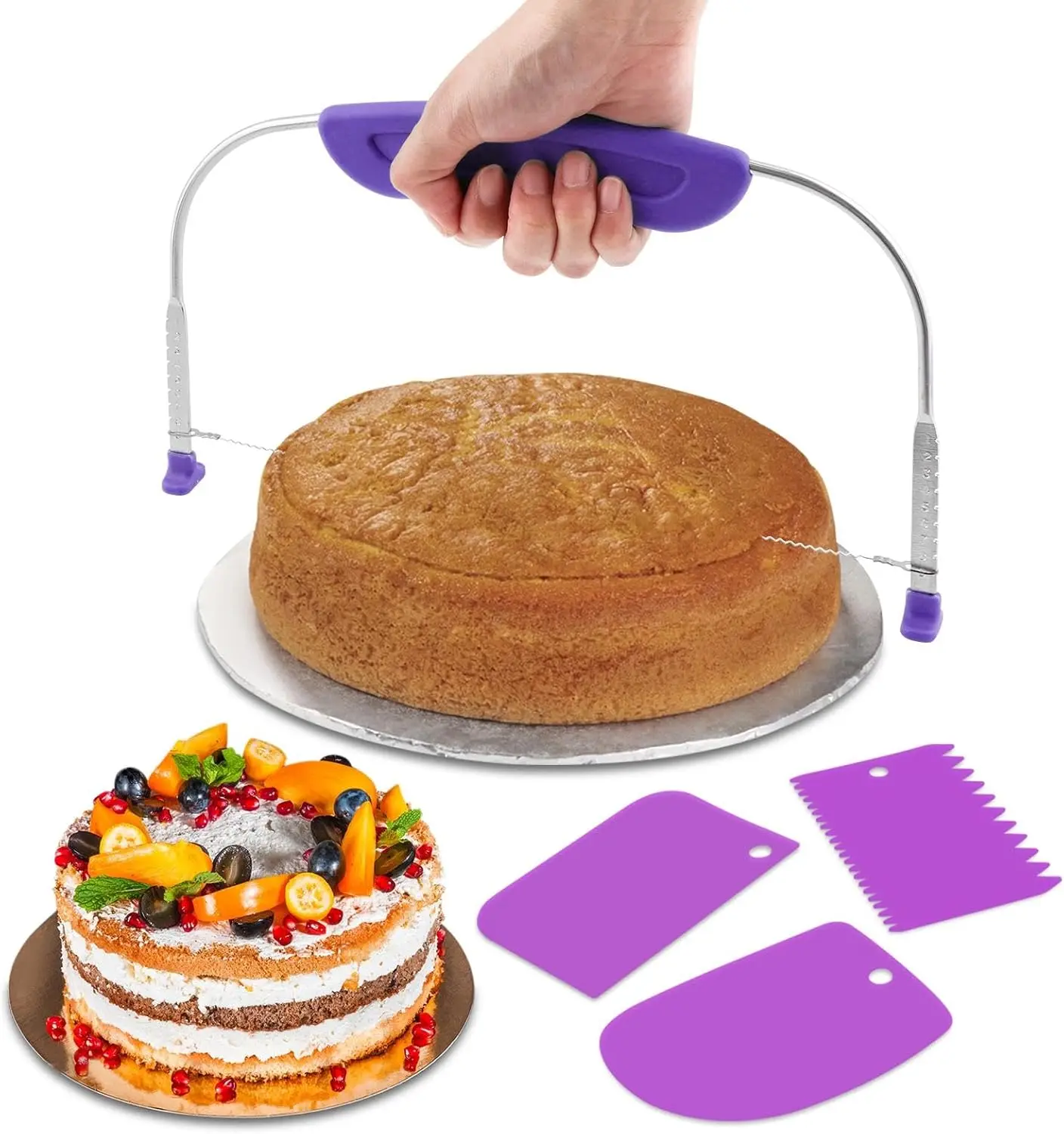 1PC Adjustable Cake Leveler Cutter With 3PCS Cake Scrapers,Baking Supplies Tool, Large Size Cake Cutter Slicer for Leveling