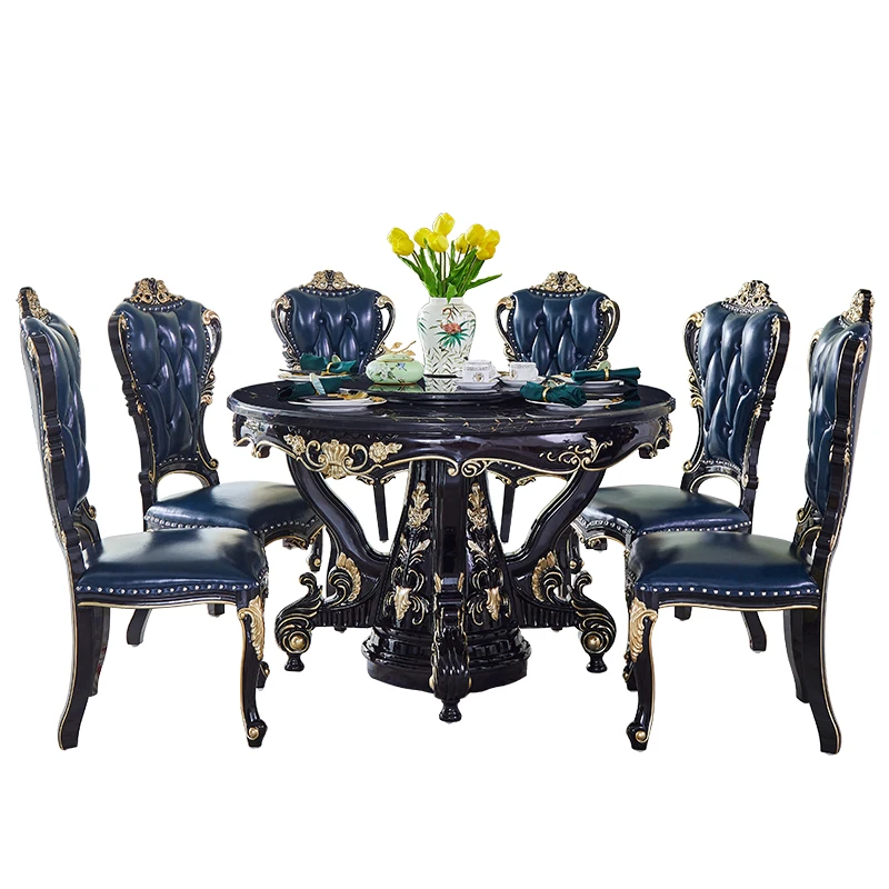 

Round table marble dining table and chair combination 6 people 8 people round light luxury household dining table