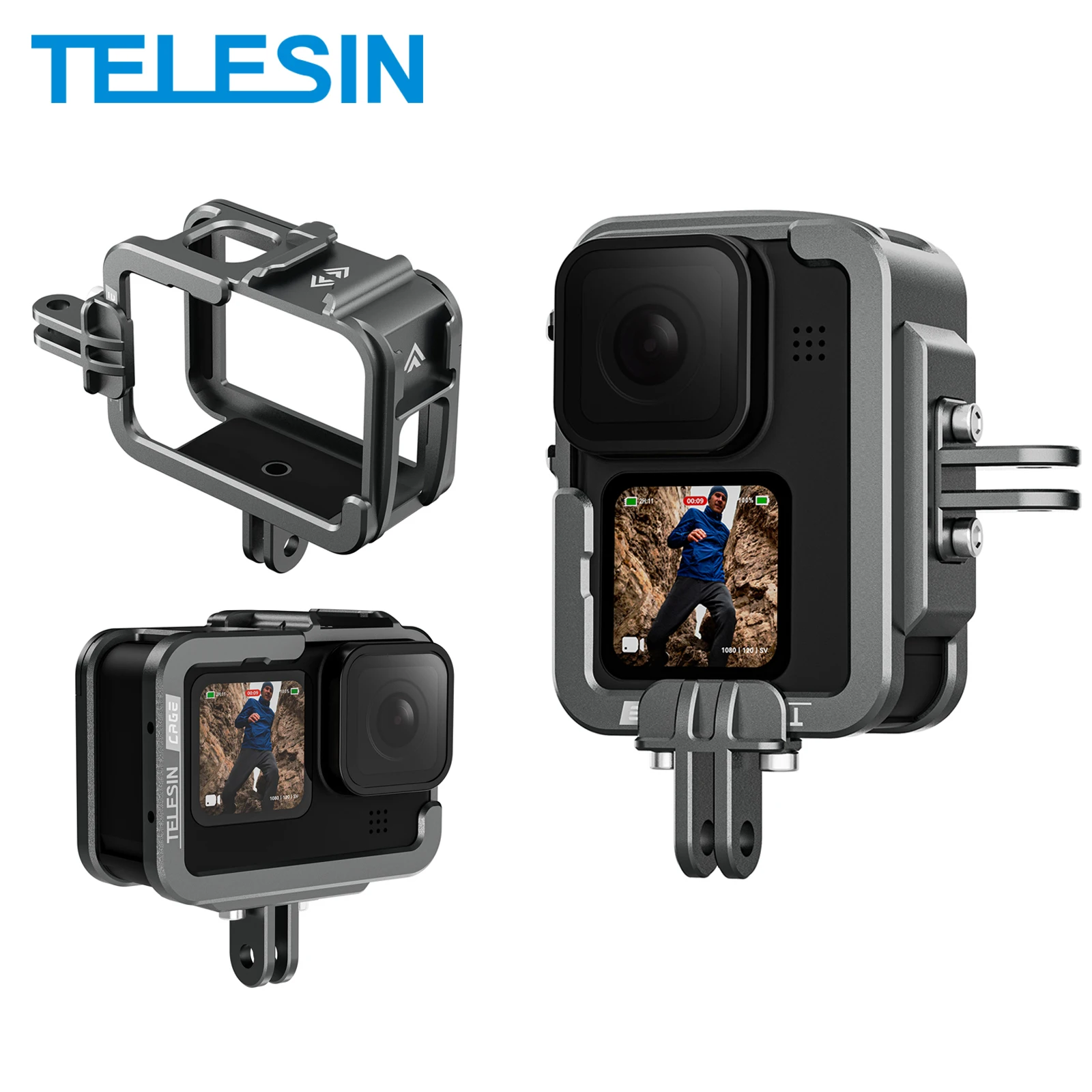 TELESIN Aluminum Alloy Frame Case for GoPro 12 Hero 12 11 10 9 Action Camera Vlog Shell Protective Cage Housing Cold Shoe Mount