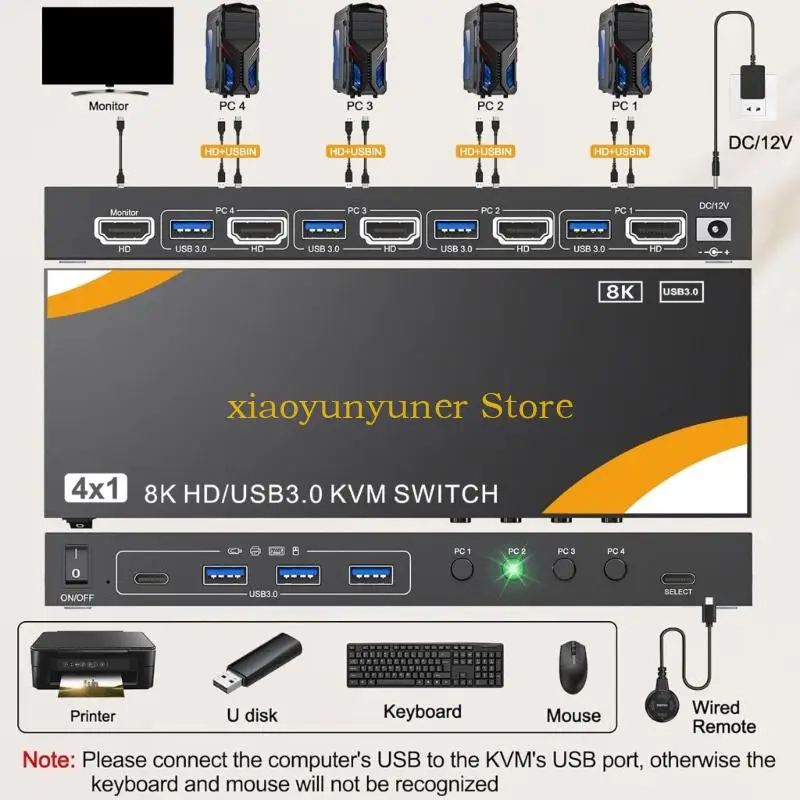 

P9JB HDTV KVM Switcher 4 Input 1 Output 4K 120HZ USB Keyboards Mouse Sharing Selector Switcher 4K 120HZ For PC Laptop Office