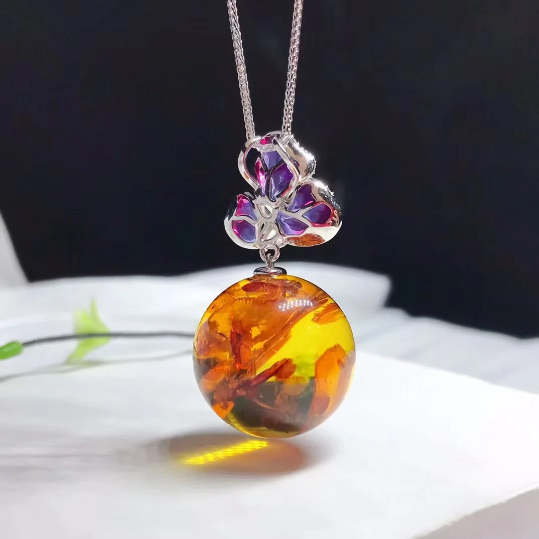 Natural Mexican Blue Amber Pendant 19mm Solid Silver Flower Pearl Necklace Vintage Enamel Clasp Art Nouveau Luxury Jewelry