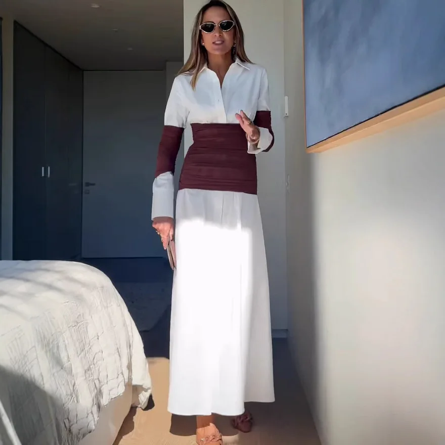 Biało-brązowa koszula z dopasowaniem kolorystycznym, długie sukienki damskie, sukienka z długim rękawem, kołnierzyk, zapinana na jeden guzik, elegancka sukienka do pracy, vestidos.