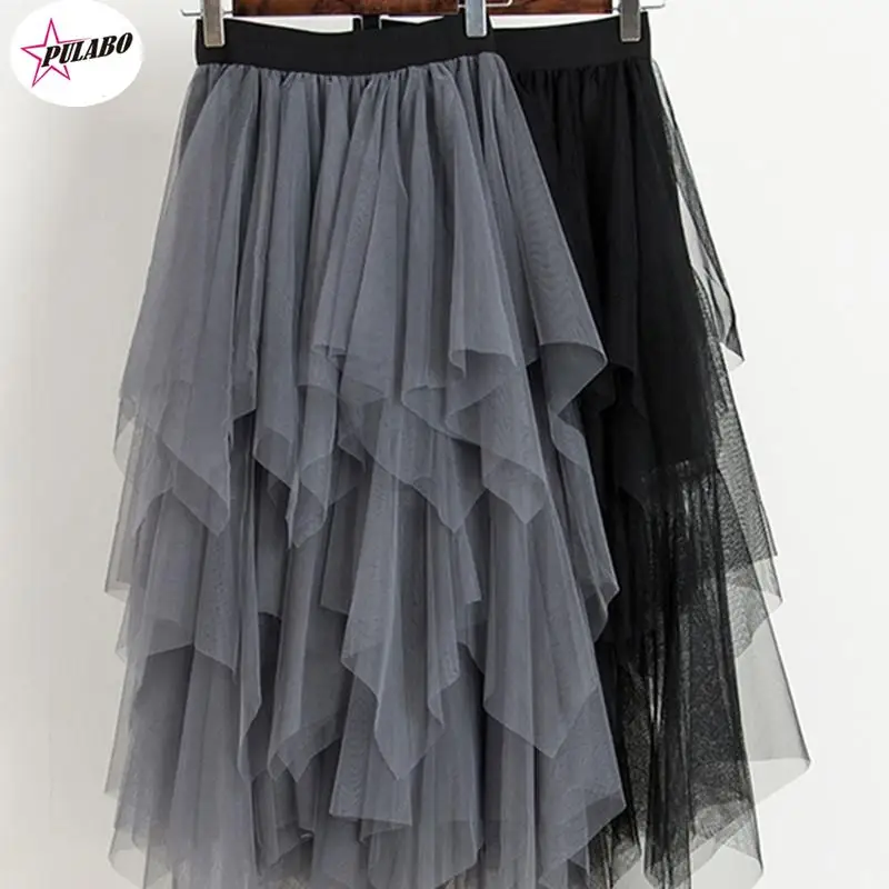 

PULABO Women Tulle Mesh Skirt Fashion Spring Summer Jupe Tulle Mini Skirts Asymmetric Patchwork High Waist Skirts