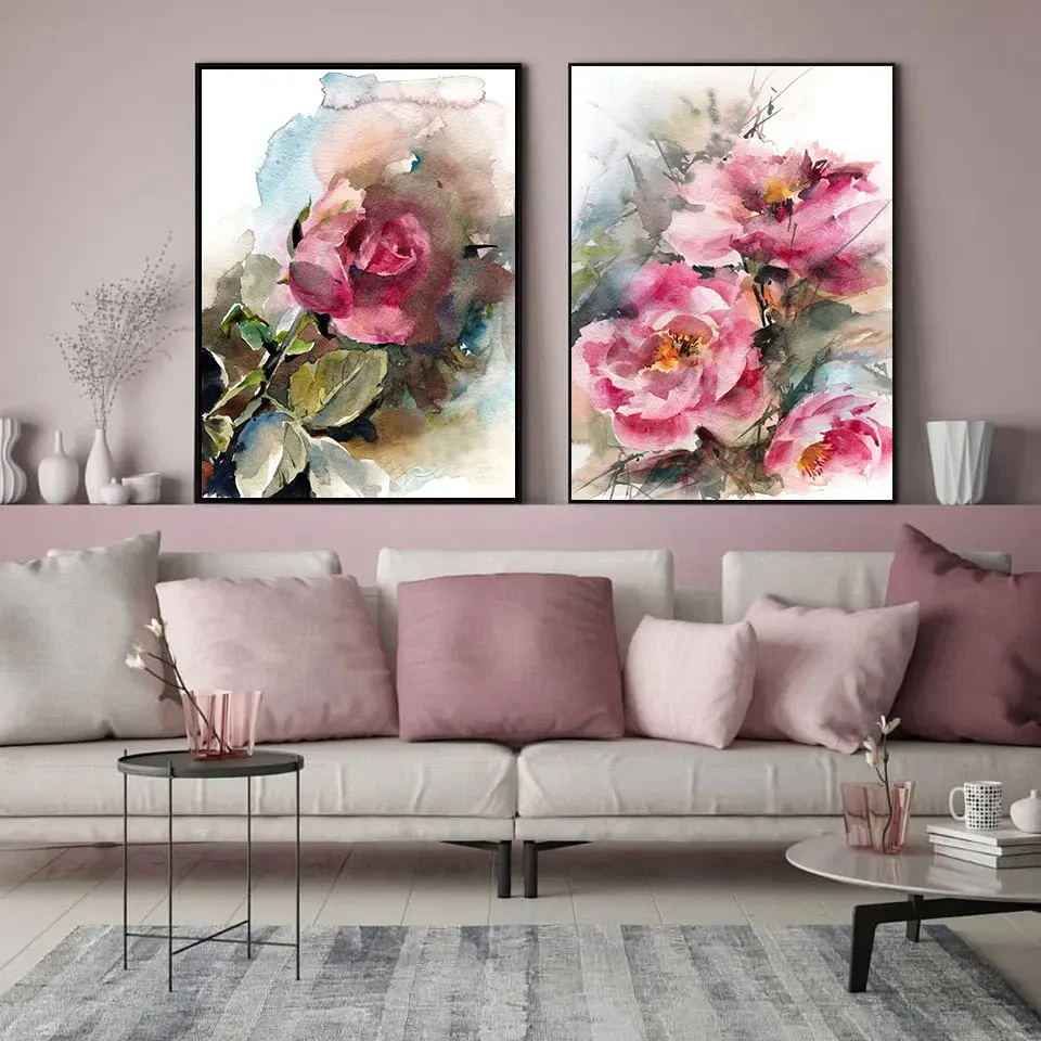 

Abstract Botanical Pink Roses Peonies Flower Poster，Canvas Painting Wall Art Print Picture，For Modern Living Room Decor