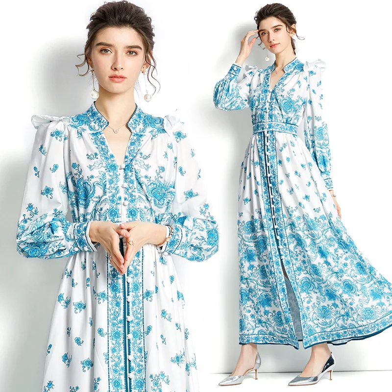 

2023 Early Spring V-neck Lantern Sleeve Printed Long Style, Women's Dress