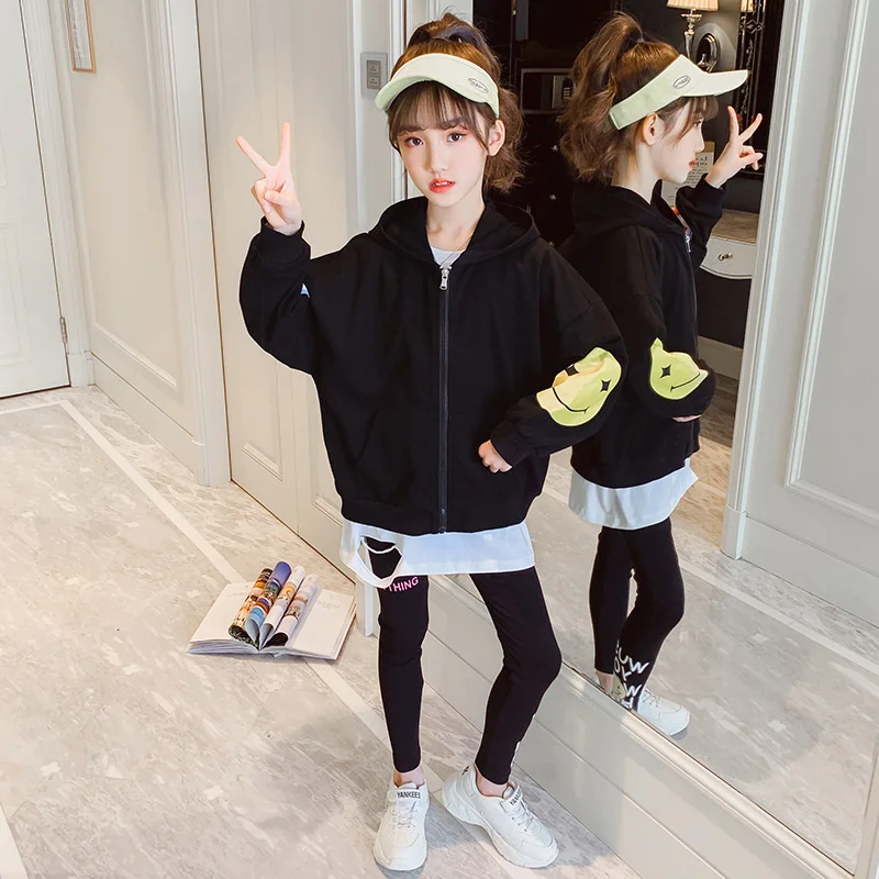 Clothing Girl Spring Sets Autumn 2023 New Fashion Casual Hooded Coat & T-Shirt+Pants 3 Pieces Teenager Clothes Outfits 120-160