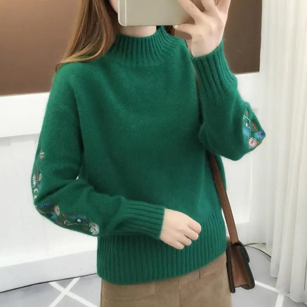 Lady Pullover Sweater  Long Sleeve   Knitted Sweater Flower Pattern Stretch Pullover Sweater