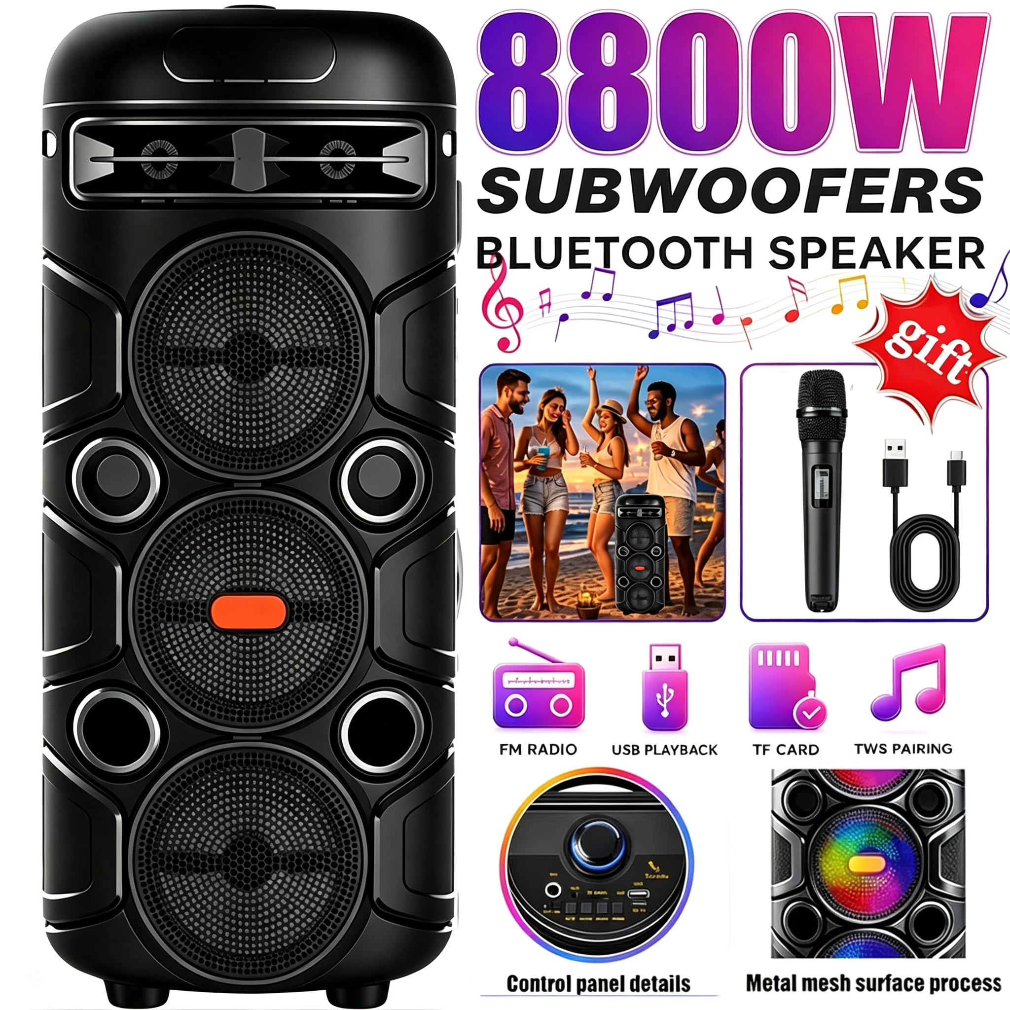 Altoparlante Bluetooth portatile ad alta potenza, 8800 W, modello CBS-3031, ideale per feste, con Bluetooth 5.3, luci LED RGB, luci da DJ, tecnologia TWS, audio stereo wireless, altoparlante