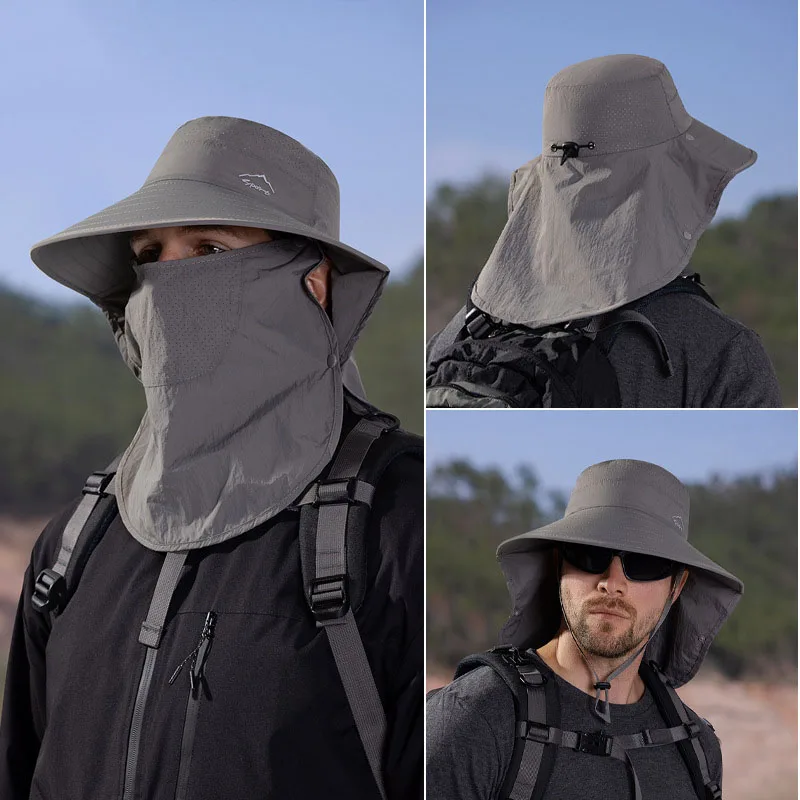 Outdoor Quick Drying Sun Hats Men Summer Anti UV Bucket Hat With Neck Flap Male Breathable Fishing Hat Long Wide Brim Hiking Cap