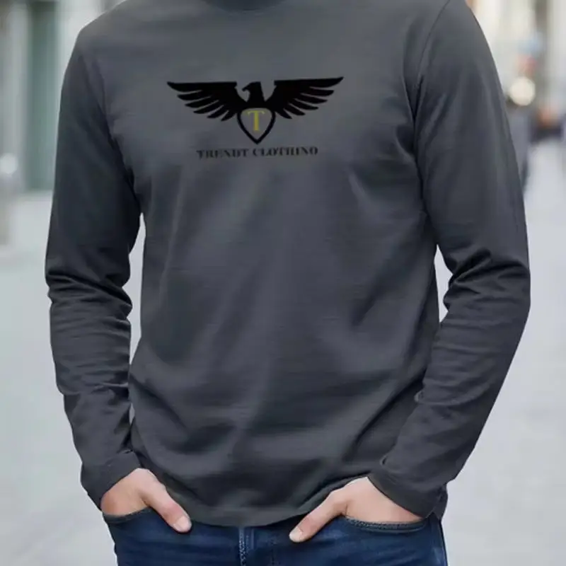 New 100% Pure Cotton Autumn Men's and Women's Long Sleeved Round Neck T-shirt, Eagle Print Symbolizes Courage and Freedom