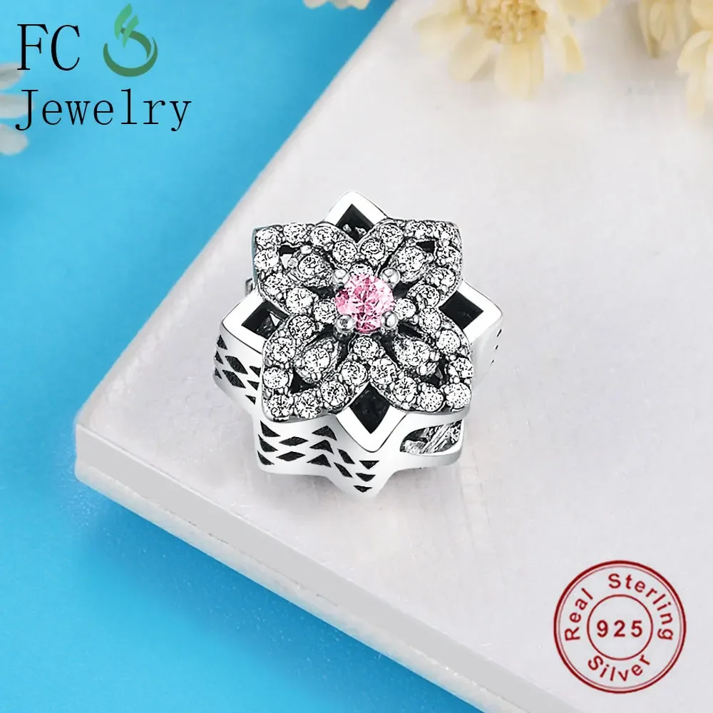 FC Jewelry Fit Original Brand Charms Bracelet 925 Sterling Silver Openwork Flower Pink Color CZ Stone Bead For Making Berloque