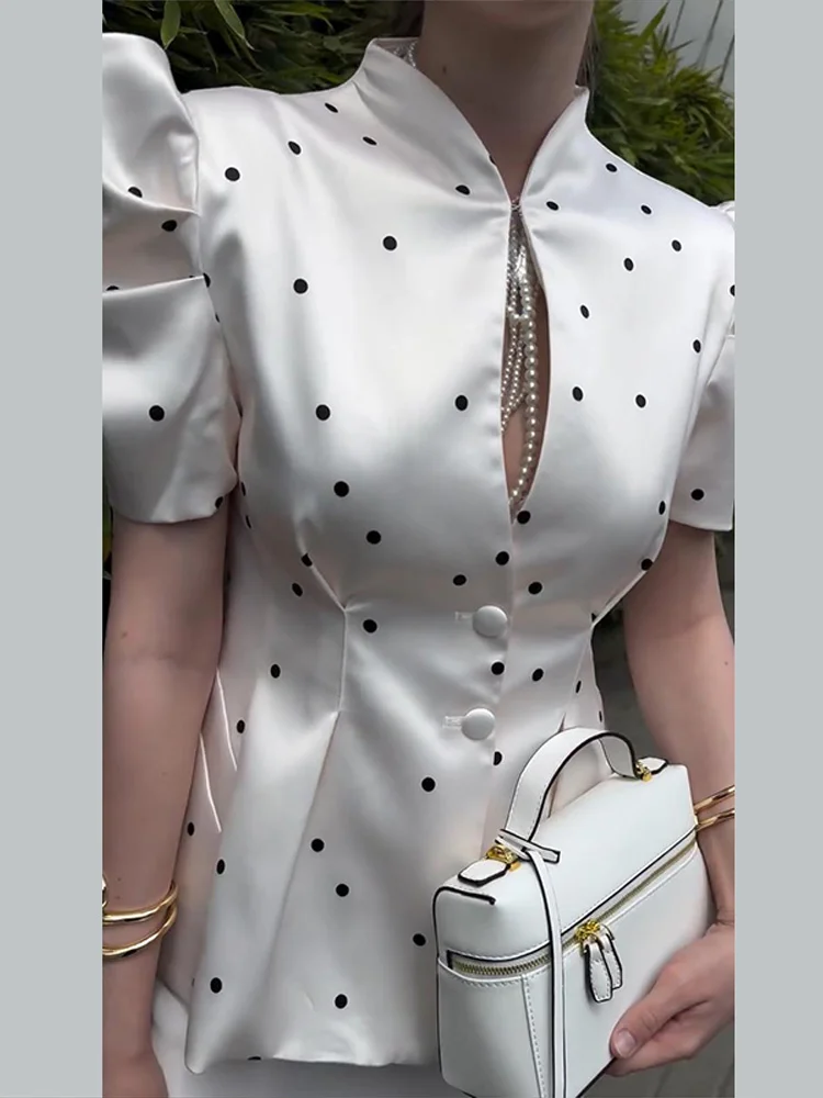 Bedruckter Taillierter Dünner Blazer für Damen Eleganter Stehkragen Puffärmel Kurze Ärmel Schlanker Mantel Schicke Büro-Damen-Oberteil Neue Oberbekleidung – Detail 24
