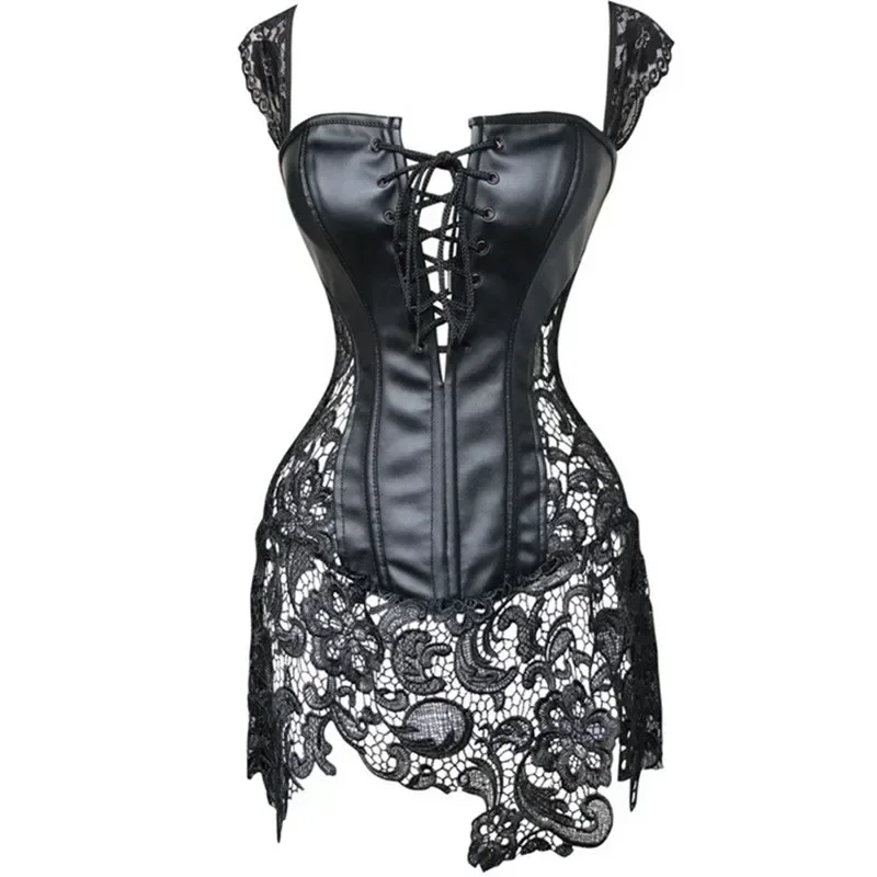 Leather Lace Corset Dress Lace up Zipper Waist Trainer Bustier Overbust Body Shaper Sexy Women Lingerie Plus Size