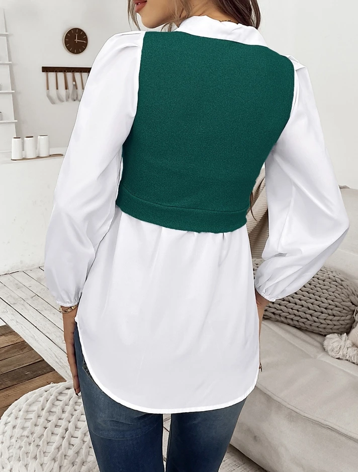 Woman Blouse 2024 Spring Casual Temperament Commuting Fake Two-Piece Turn-Down Collar Long Sleeved Button Daily Shirt Top