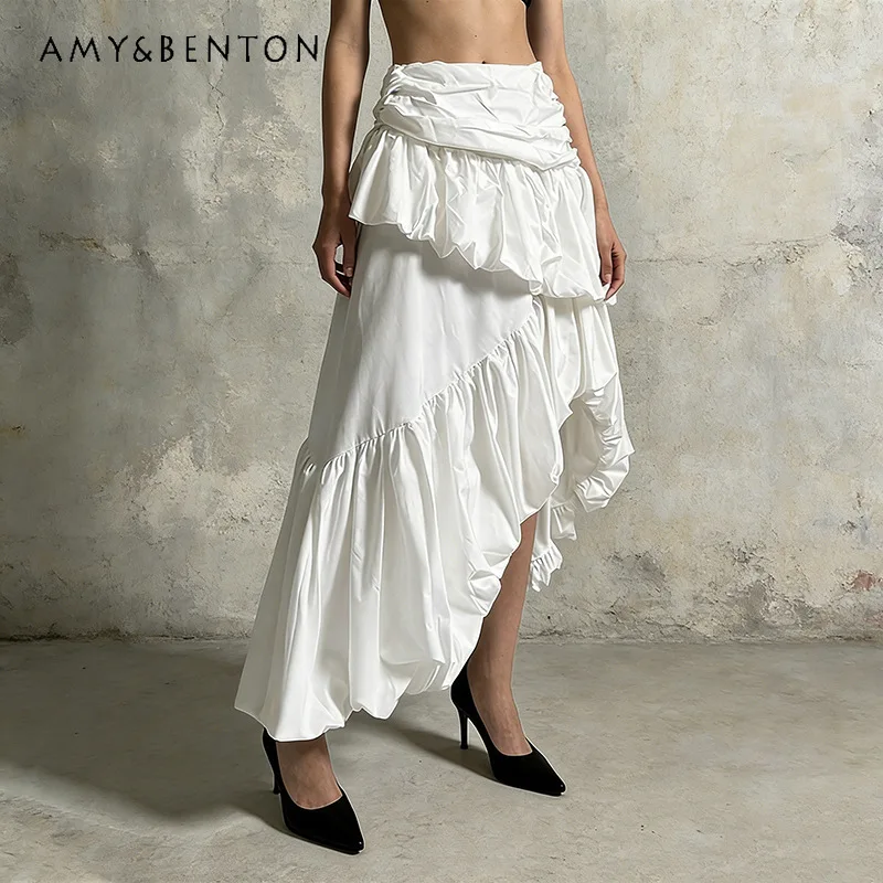 

2026 Summer High-end Temperament High-waisted Women's Skirt French Design 3D Pleated Irregular Ruffle Edge Thin Skirts Ladies
