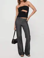 Pantalones largos a rayas con cintura elástica para mujer, cintura baja, informal, para trabajo, negocios, diseño de botones, cintura baja, adecuado para oficina