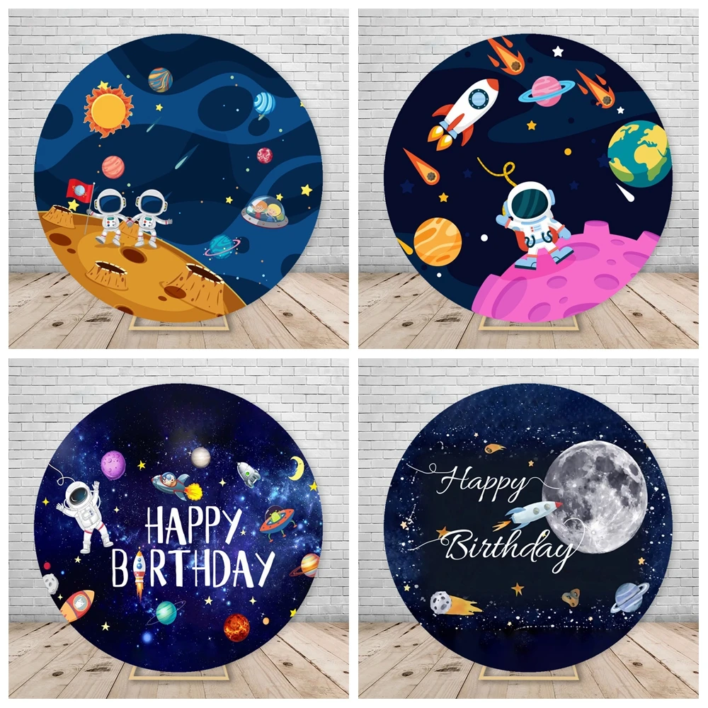 

Universe Starry Sky Astronaut Round Backdrop Cover for Kids Birthday Party Dark Blue Outer Space Background Covers Elastic