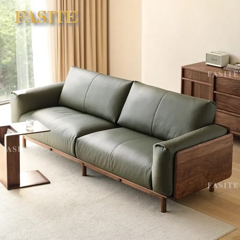 For North American Black Walnut Solid Wood Sofa Retro Log Straight Row Leather Couch 4 Seater for Small Apartment Living Room
