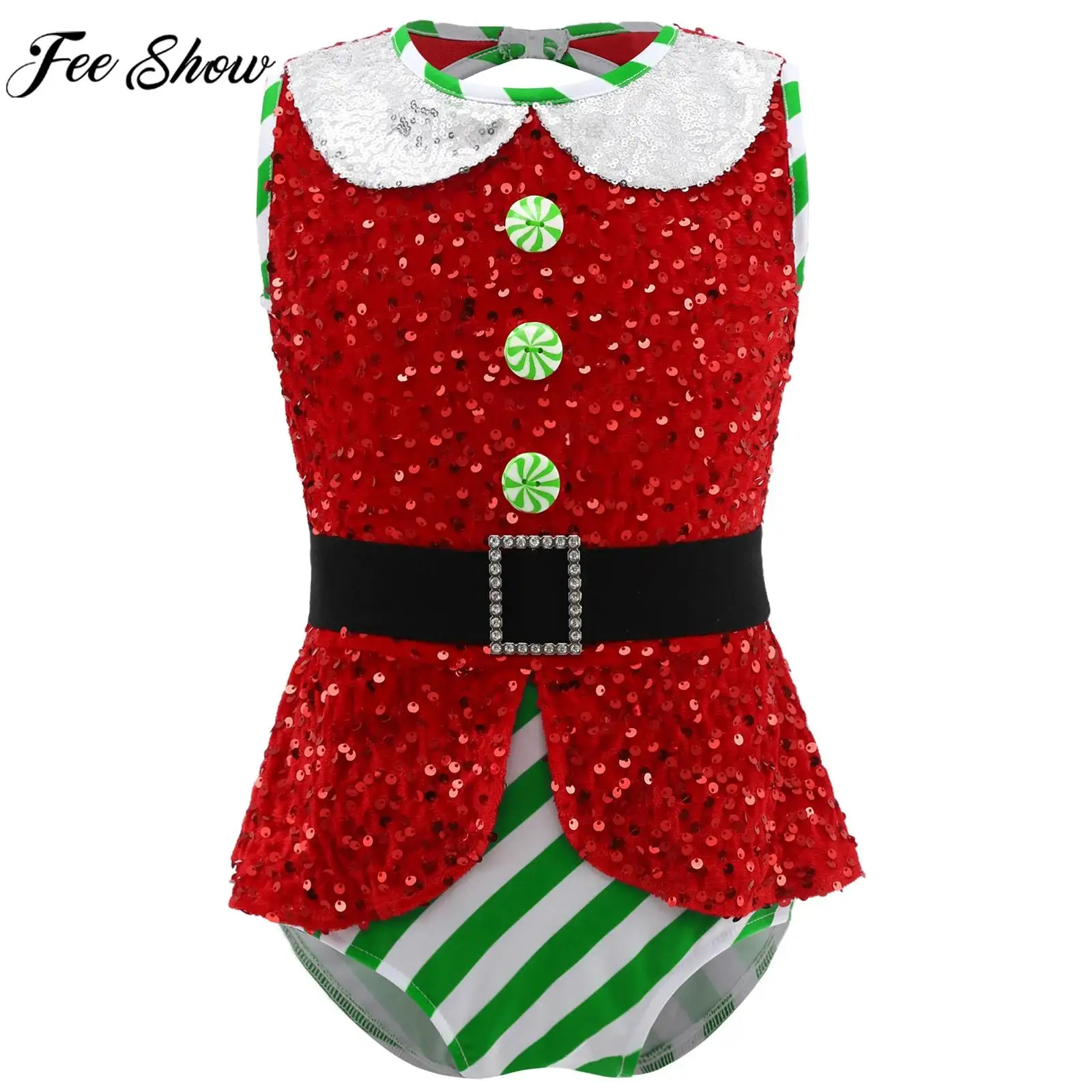 Kids Girls Shiny Sequin Striped Candy Button Christmas Santa Elf Bodysuit Costume Ballet Dance Gymnastics Leotard with Belt