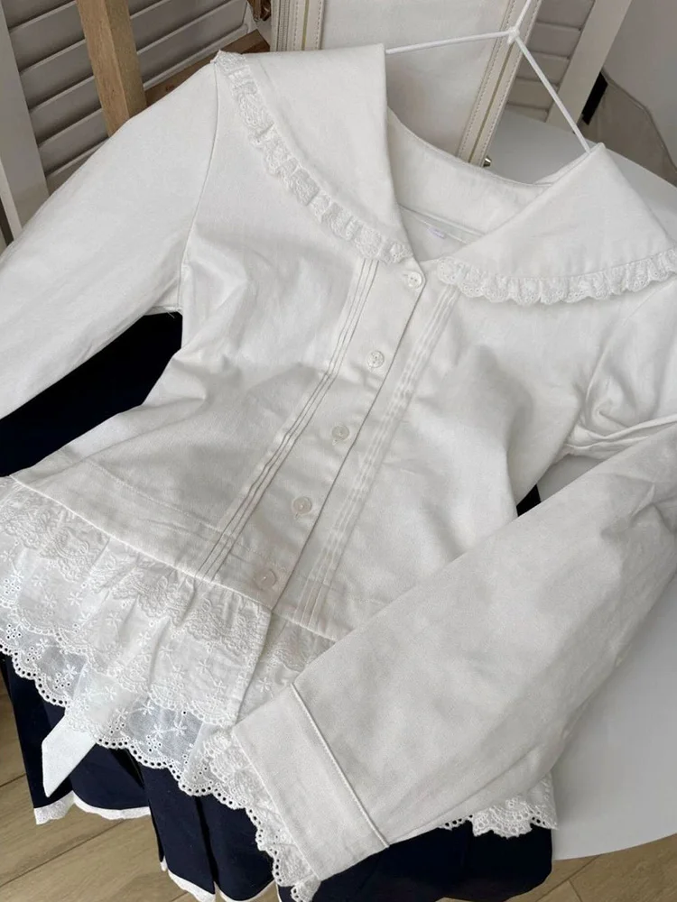 Slim Women Sweet White Shirt Spring Back Lace Up Cute Long Sleeve Blouse Japan Sailor Collar Female Lace Patchwork Kawaii Tops