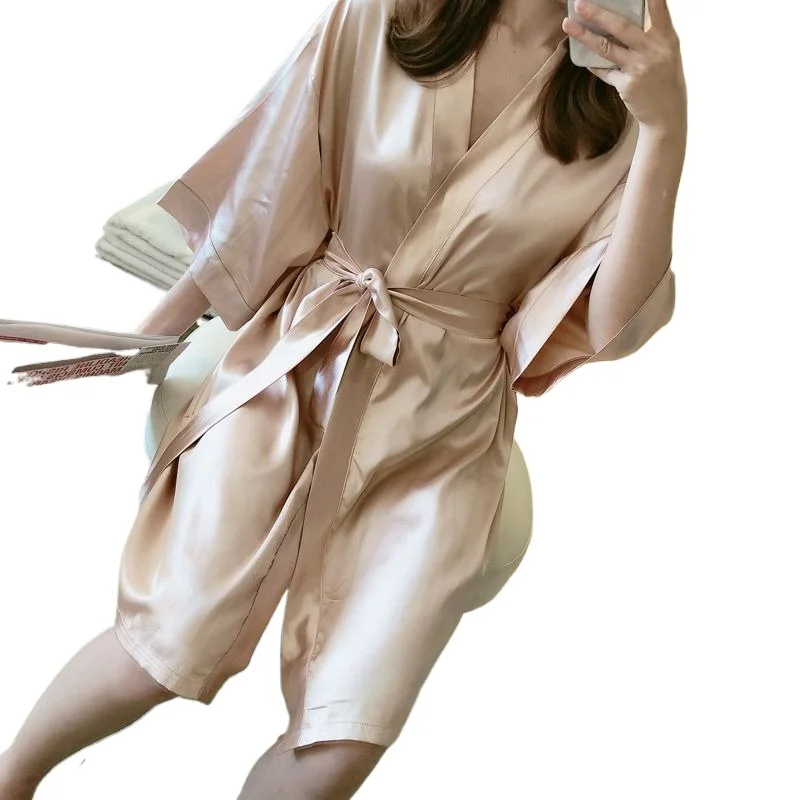 Can Be Worn Outside Lounge Female Internet Celebrity Korean Version Loose Cardigan Belt Hotel Bathrobe Ice Silk Bathrobe Pajamas