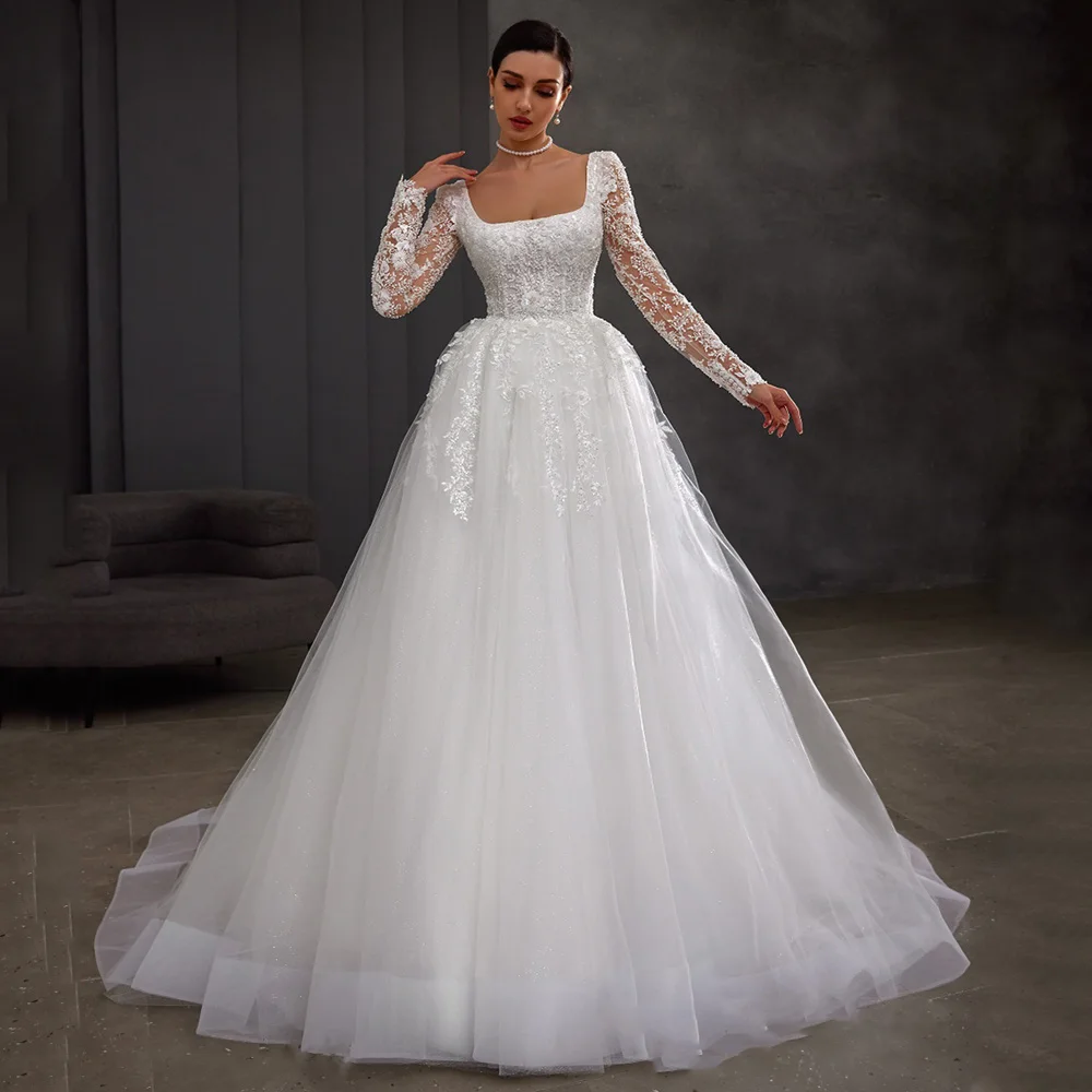 Abito da sposa donna Abiti da sposa Maniche lunghe personalizzate Collo quadrato Perline Applique Glitter Tulle Abito da sposa linea A