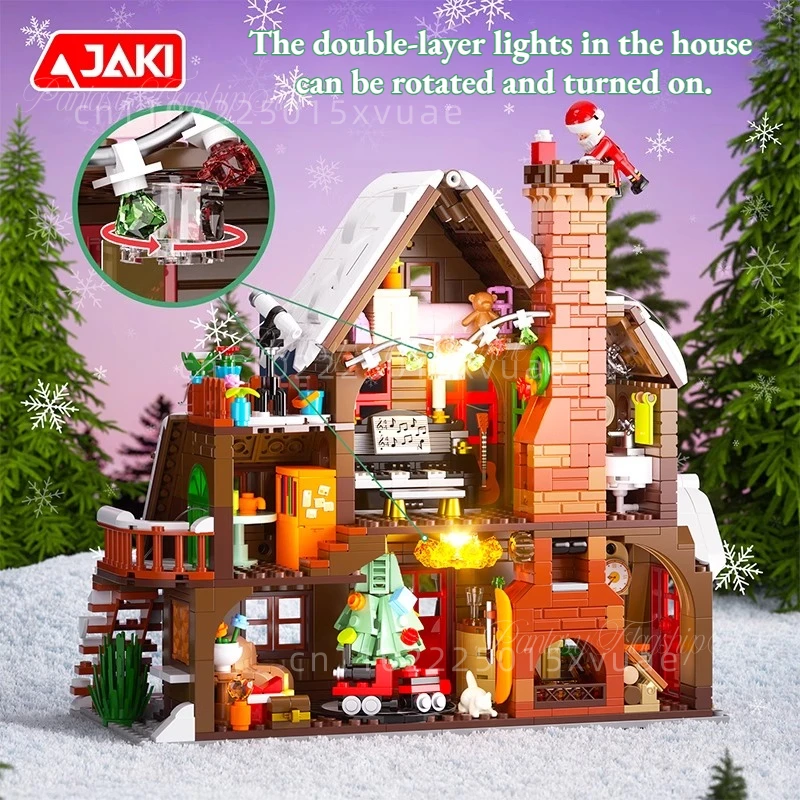 Nuovo JAKI Buon Natale Casa in legno Blocchi di costruzione Puzzle Street View Assemblaggio Giocattolo Modello Decorazioni per il desktop Regali di Natale