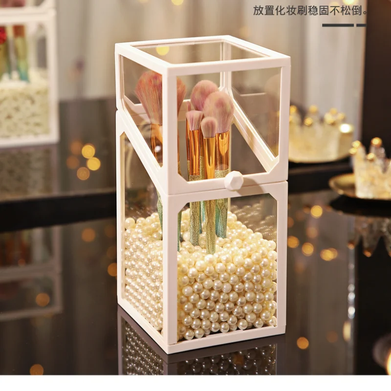 

~Glass makeup brush storage box, dust-proof with lid ins Nordic style, transparent eyebrow pencil, eyeliner, brush, bucket.