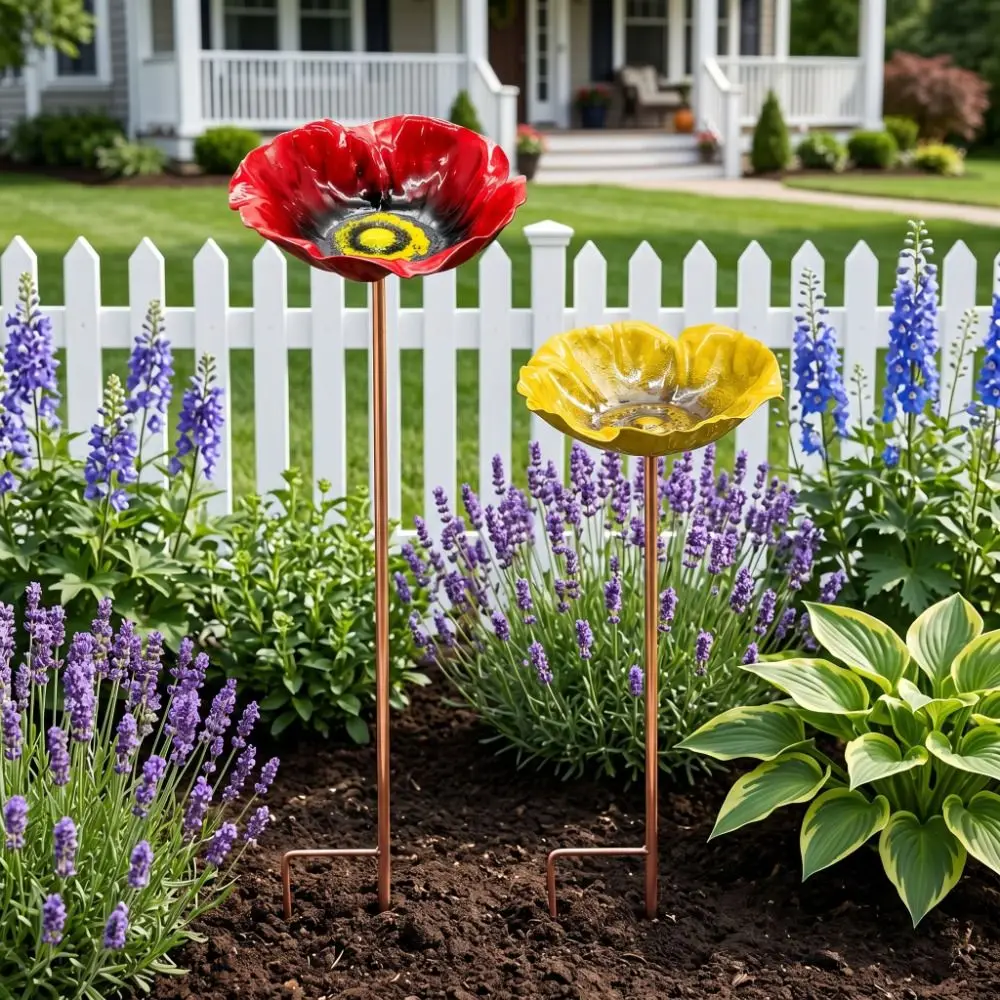 Metal Bird Bath Stand Flower Shaped Ground Insert Bee Butterfly Watering Station Iron Art Colorful Flower Garden Stake Household