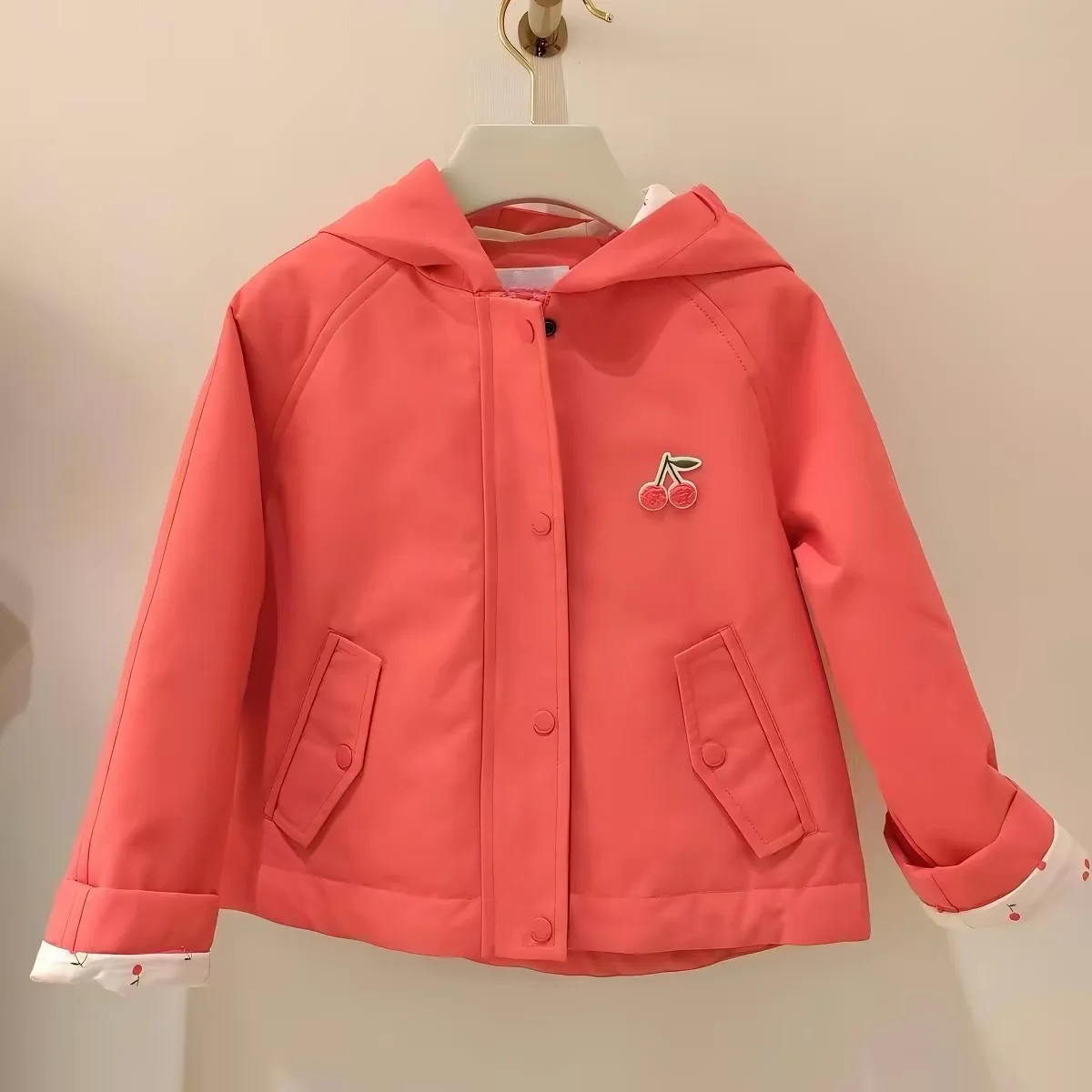 Girls Hooded Jacket 2026 Winter New Pink Cherry Embroidered Windproof Rainproof Trench Coat Cotton Pink Knit Sweater for Girls - view 4