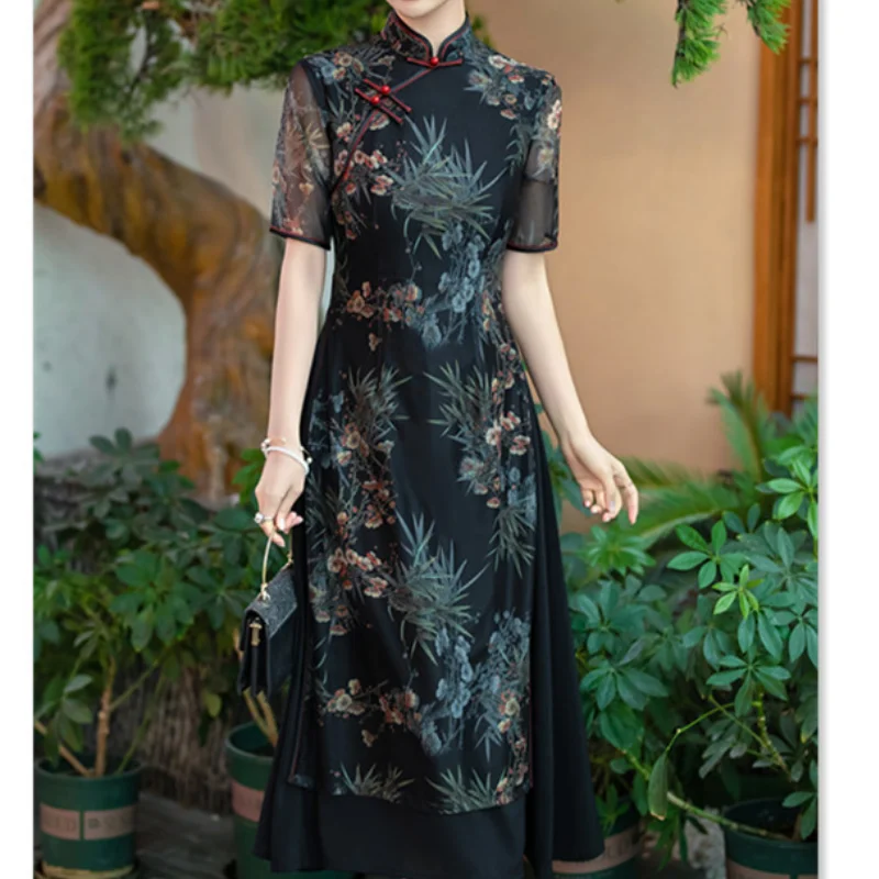 

Черный принт с цветком Ao Dai Qipao, большой размер 3Xl 4Xl, китайские платья 2024, лето-весна, новый Cheongsam, винтажный воротник-стойка Qipao