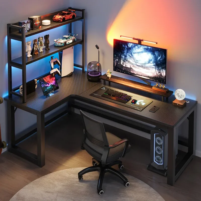 Corner Gaming Table Double Computer Desk Bookshelf Combination Home Bedroom Writing Desk PC Setup