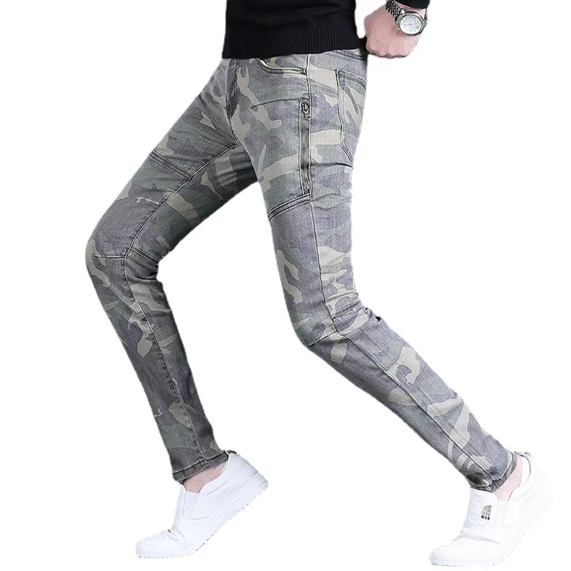 Autumn Men\'s Camouflage Jeans Casual Slim Fit Straight Leg Pants Streetwear Fashion Cotton Army Green Denim Trousers CP2071