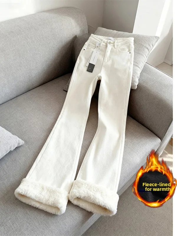 Calças Jeans Flare Forradas Brancas de Cintura Alta com Perna Reta para Homens e Mulheres - Calças Casuais de Outono Inverno com Efeito Emagrecedor