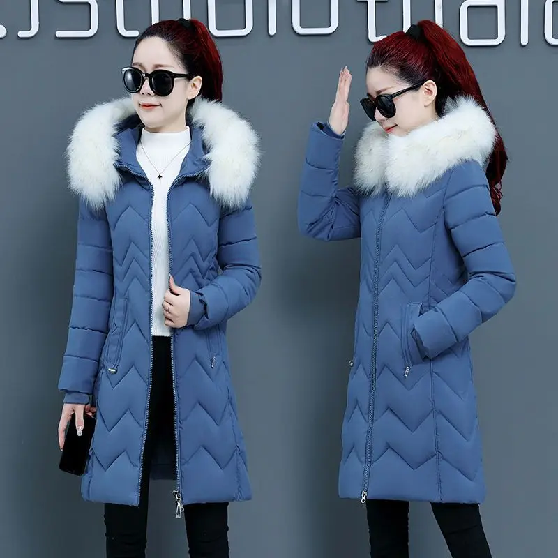 2024 Women\'s Down Parkas Winter Jacket Big Fur Collar Thick Slim Coat Fashion Hooded Cotton Outerwear Female Casual  N157