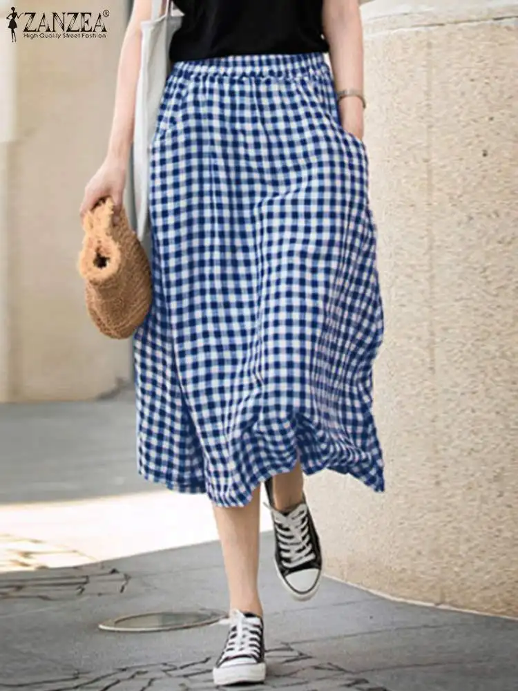 ZANZEA Women Plaid Print Overskirt Korean Fashion Swing Skirts Bohemian Pocket Summer Faldas 2024 Holiday Elastic Waist Jupes