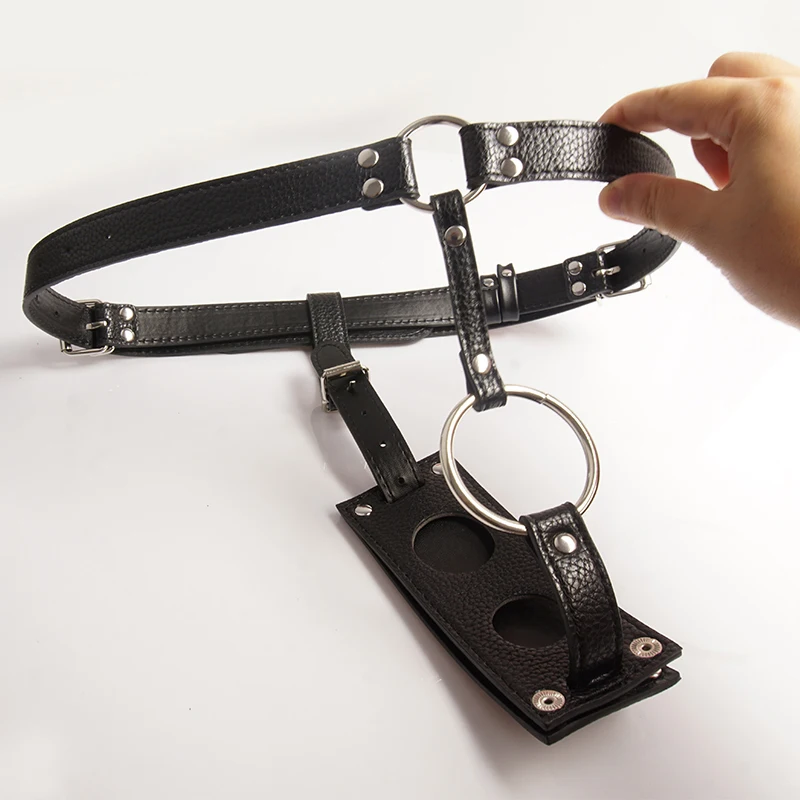 Leather Butt Plug Harness Holder,BDSM Chastity Belt Cock Ring,Slave Sex Toys for Men,Restraint,Bondage,Two Holes in the Pouch