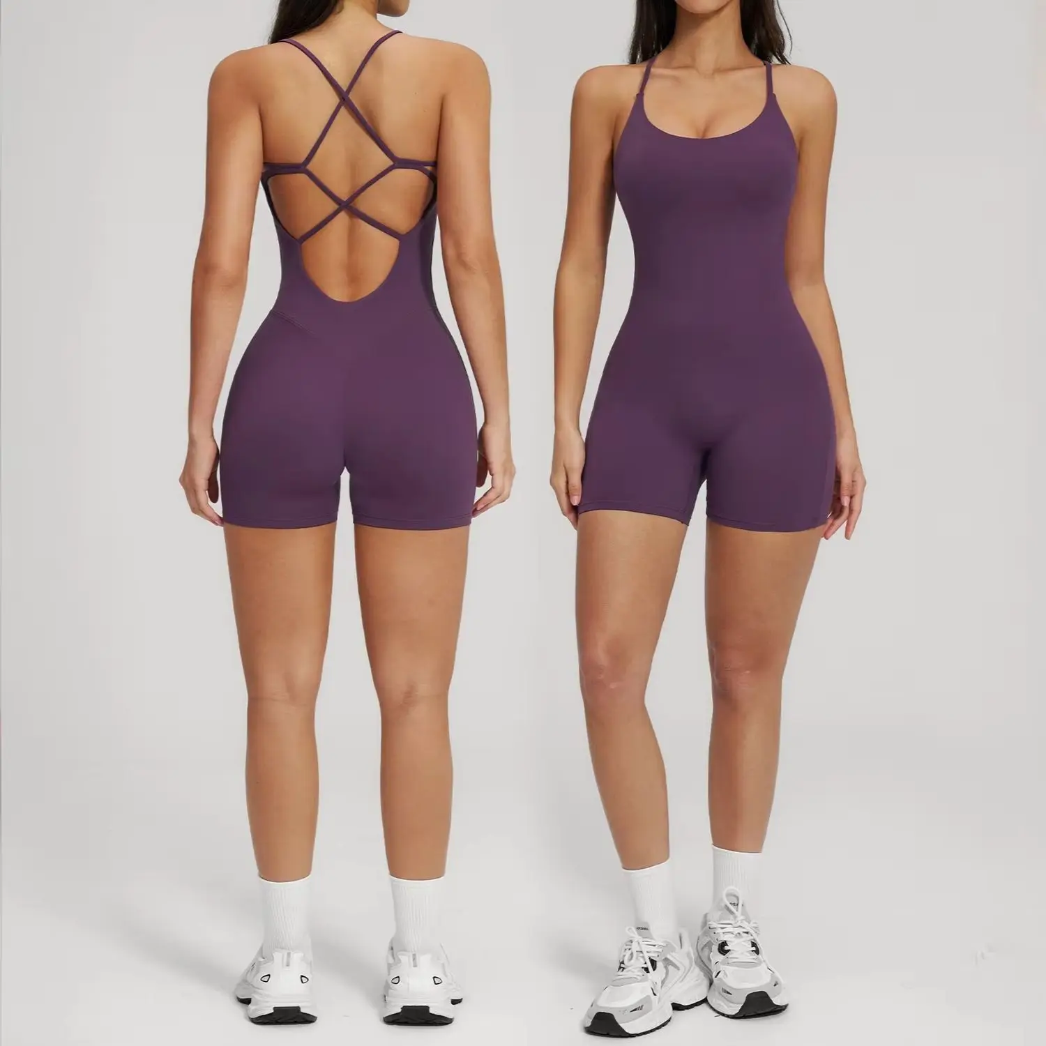 Womens Yoga Jumpsuit Fitness Bodysuit Running Workout Romper Gym Set Push Up Padded Crisscross Back Double Strap Bra Sportswear